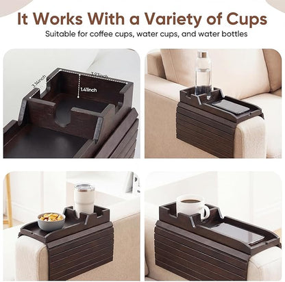 Foldable Bamboo Couch Arm Tray with Cup Holder - Anti-Slip Sofa Armrest Organizer for Drinks, Snacks, Remotes, Phones & More - Eco-Friendly Home Decor Gift (Brown)