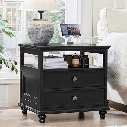 Joaxswe 24" Wide Farmhouse Night Stand,Large End Table with 2 Drawers & Metal Handle,Wood Dresser for Bedroom, Black Bed Side Table Chest of Drawers Cabinet,Nightstand for Living Room,Closet