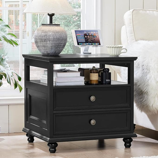 Joaxswe 24" Wide Farmhouse Night Stand,Large End Table with 2 Drawers & Metal Handle,Wood Dresser for Bedroom, Black Bed Side Table Chest of Drawers Cabinet,Nightstand for Living Room,Closet