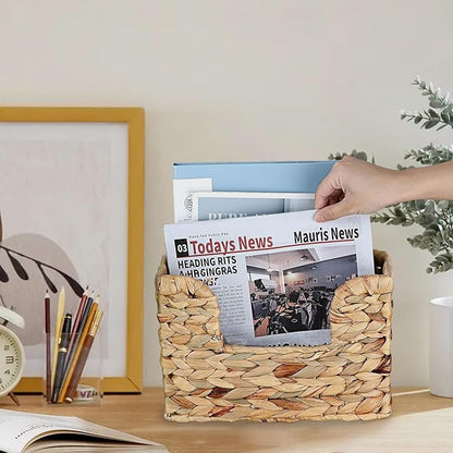 Woven Hanging Magazine Holder, Natural Water Hyacinth Wall Mounted Basket for Books, Files & Magazines, Organizer Rack with Handle (Water Hyacinth, 11.8″ x 4.3″ x 7.9″)