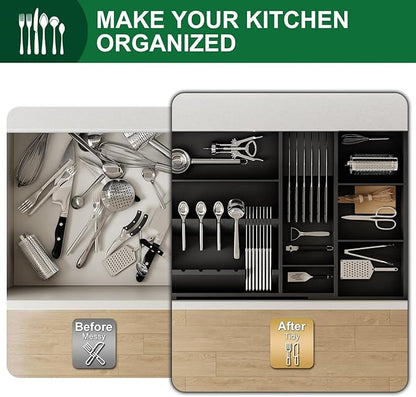 Bamboo Silverware Drawer Organizer, 17.7-29.5 Inch Expandable Large Kitchen Drawer Organizer, 5-8 Slot Flatware with Removable Card Slots & Knife Block for Spoon Butter Knive, Black
