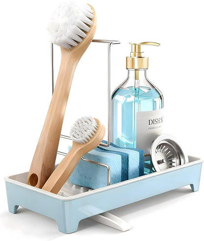Caumic Minimalist Sink Caddy, Rustproof Sponge Holder for Kitchen Sink with 304 Stainless-Steel Brush Holder, Countertop Rack Organizer with Raised Ridges & Silicone Drain Tube (Pastel Blue)