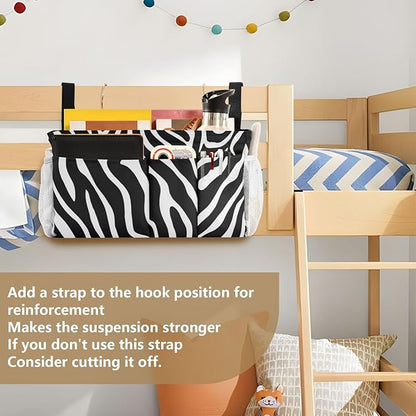 CuwrYet Bedside Caddy Hanging Bunk Bed Caddy Bed Organizer Hanging Pocket with 2 Hooks Bedside Storage Organizer Pocket Bag Holder White Black Zebra Print