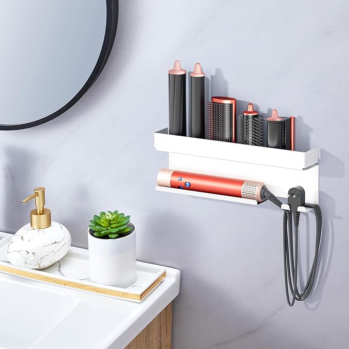 Oukimly Storage Hair Dryer Holder for Curling Iron Accessories, Hair Tool Organizer Wall Mount, Curling Iron Holder, Bathroom Hair Straightener Holder Stand for Styler Attachments Organizer, White