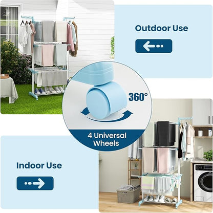 Giantex Foldable Clothes Drying Rack, Oversized 4-Tier Collapsible Laundry Rack w/ 3 Retractable Trays, Hanger Holders, Moveable Laundry Garment Dryer Stand w/Wheels for Indoor Outdoor Use, Blue