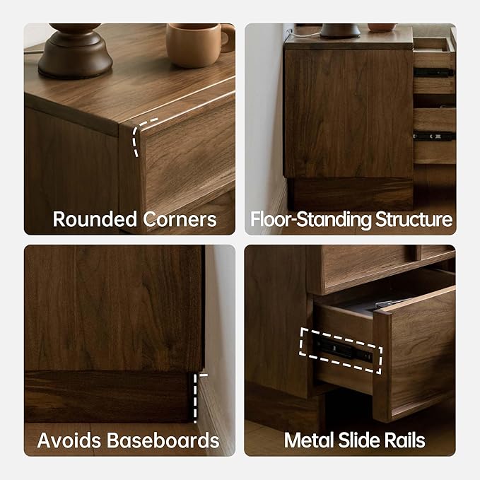 YESWOOD Solid Wood Nightstand, Walnut Nightstand with Drawers, Mid Century Modern Nightstands, Wood Bedside Table for Small Space. Boho Night Stand, Fluted Night Stands for Bedroom, 18.90" H
