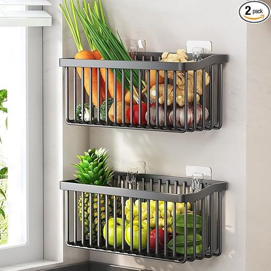 2 Pcs Fruit Basket Wire Baskets, Fruit and Veggie Storage Basket Holder for Kitchen Wall Mounted,Kitchen Organizers and Storage for Snack Onion Potato(Black)