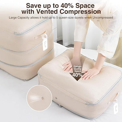 Homsorout 2 Pack Compression Storage Bags - 110L Large Capacity Comforter Storage Bag, 3-Layer Washable Ultra Space Saving Self Compression Organizer Space Bags for Blankets, Sweaters, Sheets, Beige