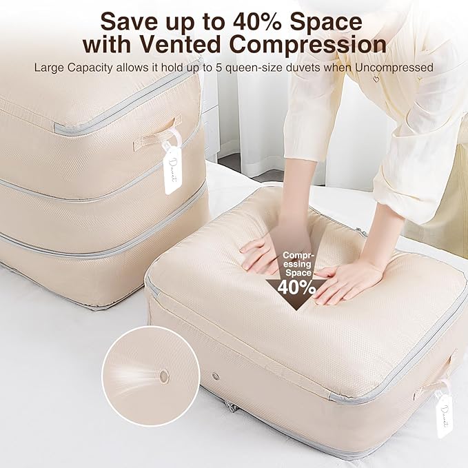 Homsorout 4 Pack Compression Storage Bags - 110L Large Capacity Comforter Storage Bag, 3-Layer Washable Ultra Space Saving Self Compression Organizer Space Bags for Blankets, Sweaters, Sheets, Beige