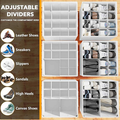 SpaceAid Shoe Organizer for Closet, 2 Pack Foldable Shoe Storage Containers Baskets Boxes Bins w/Adjustable Dividers, Fits 16-32 Pairs, White