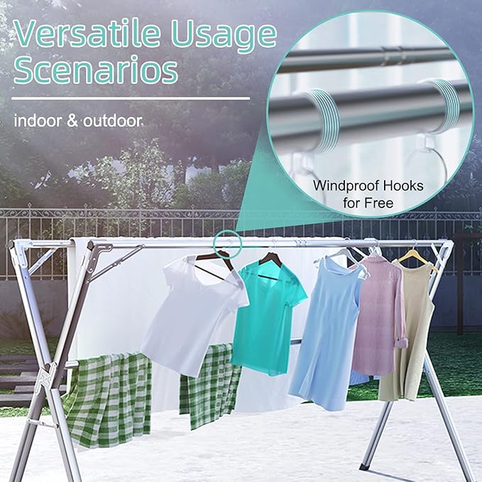 YACASA Clothes Drying Rack, 79 inch Heavy Duty Stainless Steel Laundry Drying Rack, Foldable &Length Adjustable Space Saving Garment Rack, with 20 Windproof Hooks.