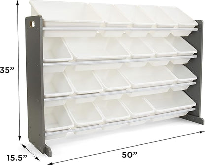Humble Crew Extra-Large Toy Organizer with 20 Plastic Bins – Grey/White Storage Rack with 4-Tier Shelves, Anti-Tip Safety, for Kids’ Rooms, Playrooms, Nurseries & Classrooms