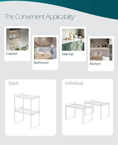 2pk Kitchen Cabinet Shelf Counter Organizer Rack Pantry Storage Bathroom Bedroom Office Table Desk Space Saving Steel Frame Stackable Rust Resistant Non Slip White-Tall- L13in W8.3in H9.5in