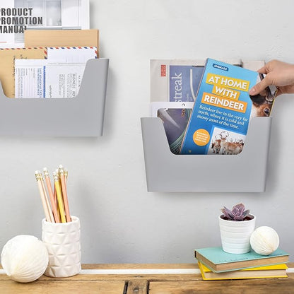 YOHOM No Drilling File Holder Wall Mails Magazines Organizer Adhesive Door Mount, Single Pocket, (White 1) (GREY, 2 PCS)