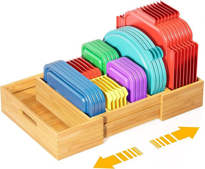 Kiasthome Expandable Bamboo Lid Organizers Inside Cabinet, Kitchen Cabinet Organizers with 3 Adjustable Dividers, Storage Plastic Lids, Food Container Lid Holder Organizer for Drawer Pantry, Nature
