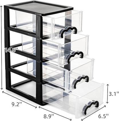 Desktop Organizer with 4 Drawers, Clear Plastic Storage Drawer Unit, Small Desk Organizer Storage Box, Durable Storage Bin Container Case for Countertop Stationery Pens Makeup Office Supplies