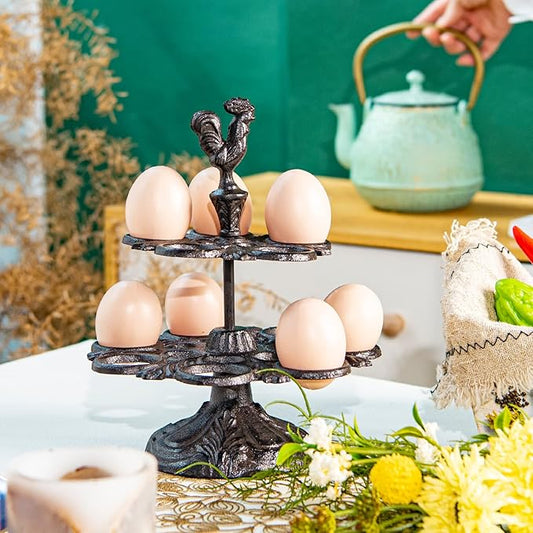 Sungmor Heavy Duty Cast Iron Eggs Holder Countertop Decor - Kitchen & Dining Room Organization Egg Stroage Display Rack - Vintage Dark Brown Color & Rooster Shaped Design - 12 Eggs Holding Capacity