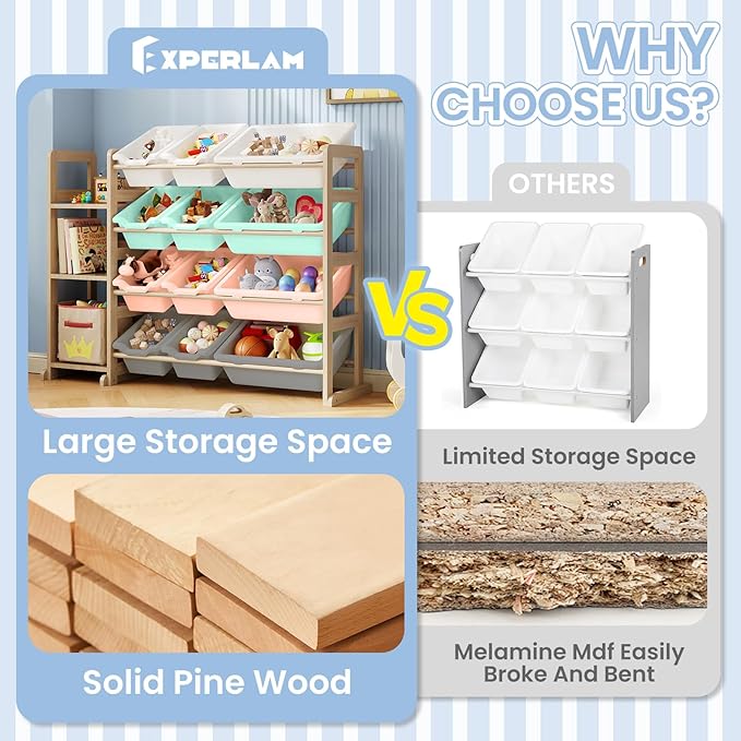 Toy Storage Organizer - Toy Organizers and Storage with Bookshelf, Toy Storage Shelf with 3 Shelves and 12 Storage Bins, Kids Bookshelf and Toy Storage for Kids Room, Playroom, Nursery, Multi color