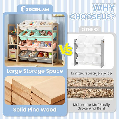 Toy Storage Organizer - Toy Organizers and Storage with Bookshelf, Toy Storage Shelf with 3 Shelves and 12 Storage Bins, Kids Bookshelf and Toy Storage for Kids Room, Playroom, Nursery, Multi color