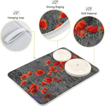 ZzWwR Beautiful Meadow Red Poppy Flowers Absorbent Dish Drying Mat Microfiber Kitchen Countertop Table Protector Multi-Purpose Counter Rack Sink Drainer Pad (16" x 18")