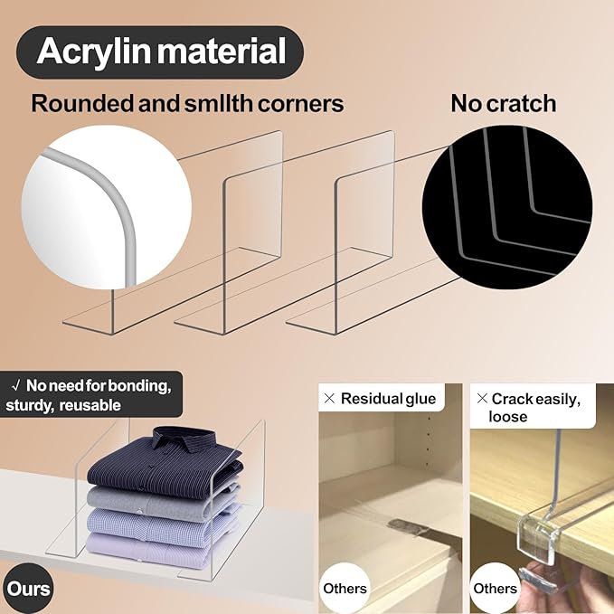 6Pack Acrylic Shelf Dividers for Closet Organization Shelves，Clear Plastic Dividers Shelf Clothes Separators in Closet for Cabinets Clothes Shelves