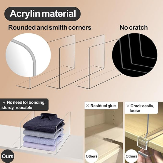 6Pack Acrylic Shelf Dividers for Closet Organization Shelves，Clear Plastic Dividers Shelf Clothes Separators in Closet for Cabinets Clothes Shelves