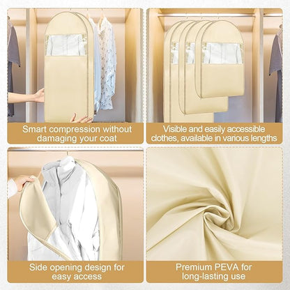 Space Saving Hanging Garment Bag with Self Compression Seal, Large Clear Garment Storage Bags for Jackets and Suits, Closet Bags Clothes (Beige, 3PCS(XL))