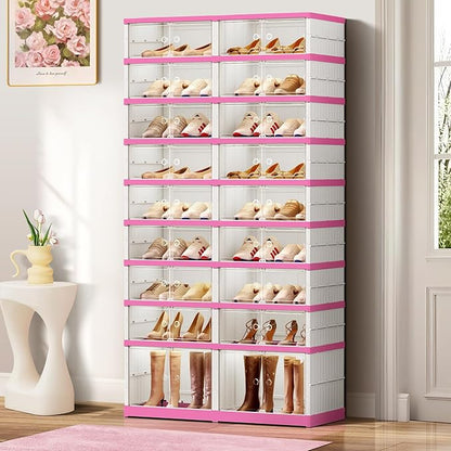 CIMLORD 9-Tier Foldable Shoe Rack Organizer for Closet,36 Pairs Collapsible Plastic Shoe Shelf,Large Shoes Cabinet with Door,Clear Stackable Storage Box Easy Assembly（White-Pink）