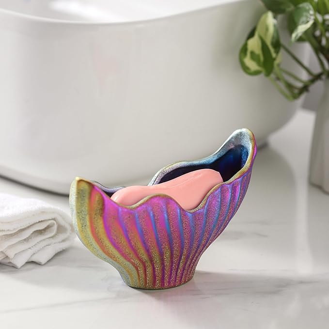 Uiddo Sponge Holder for Kitchen Sink, Ceramic Dish Sponge Holder with Fishtail Design, Sink Caddy Organizer for Countertop, Farmhouse Kitchen Decor, Compact Counter Dish Caddy (Rainbow)