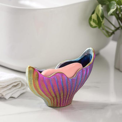 Uiddo Sponge Holder for Kitchen Sink, Ceramic Dish Sponge Holder with Fishtail Design, Sink Caddy Organizer for Countertop, Farmhouse Kitchen Decor, Compact Counter Dish Caddy (Rainbow)
