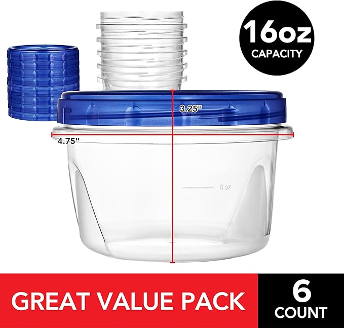 Stock Your Home 16oz Plastic Containers with Twist Top Lids (6 Pack) – 2-Cup Freezer Containers for Leftovers, Airtight Reusable Soup Storage, Microwave & Dishwasher Safe