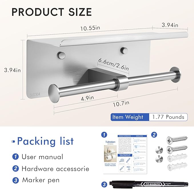 4 Pack Double Toilet Paper Holder with Shelf, Wall Mount Tissue Roll Holder, Heavy Duty 304 Stainless Steel Commercial Toilet Paper Dispenser with Phone Shelf for Home, Hotel, Office, Restaurant