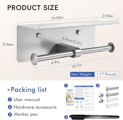 4 Pack Double Toilet Paper Holder with Shelf, Wall Mount Tissue Roll Holder, Heavy Duty 304 Stainless Steel Commercial Toilet Paper Dispenser with Phone Shelf for Home, Hotel, Office, Restaurant