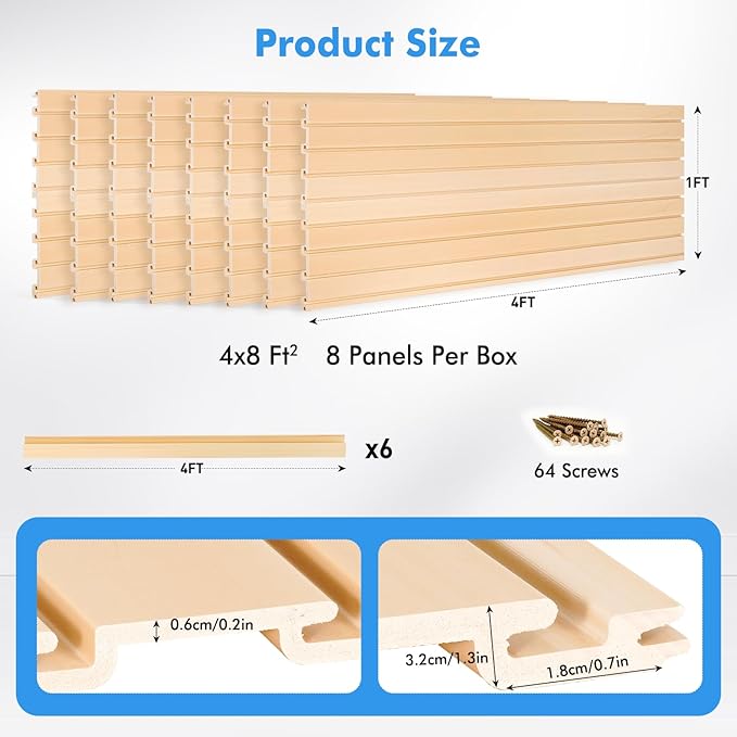 [8x4 Ft²] PVC Slat Wall Paneling, Adjustable Slatwall Panels with Coupling Structure, Slatted Wall Panel System with Customizable Storage Options, DIY Cutting & Easy-to-Install Slatwall Board Shelves