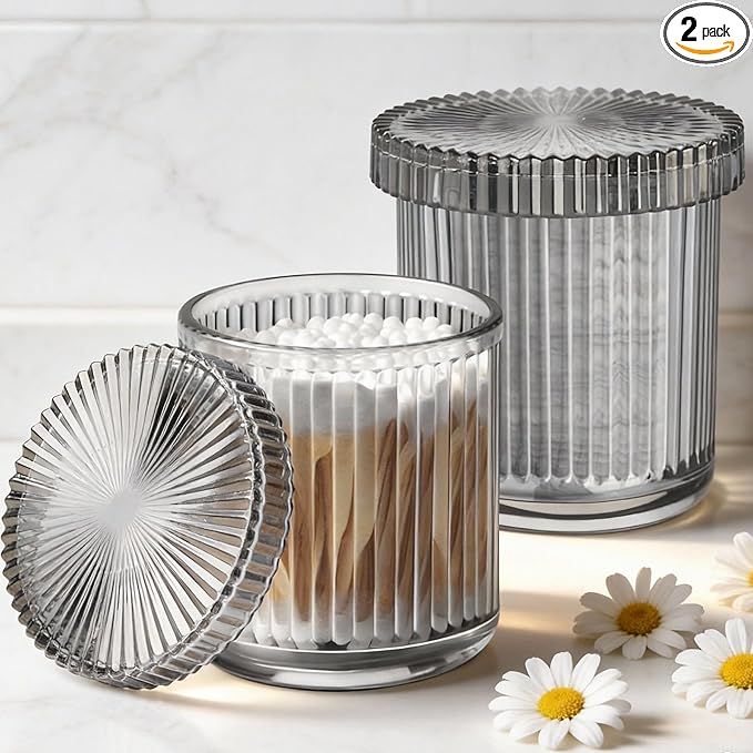 2 Pack Glass Qtip Holder Dispenser Set - Bathroom Organizer for Cotton Swabs, Balls, Pads, Floss Picks - Clear Apothecary Jars for Vanity, Makeup Storage, Bathroom Accessories Decor (Gray&Black)