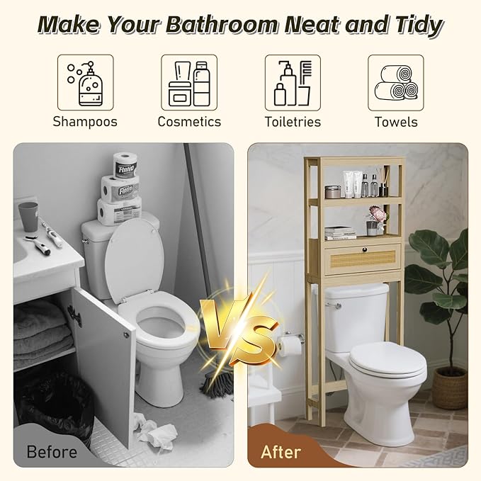 GORZING Over The Toilet Storage Cabinet, 3-Tier Behind Toilet Bathroom Organizer, Wooden Above Toilet Storage Shelf with Rattan Door, Space Saver for Restroom, Bathroom, Laundry