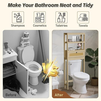 GORZING Over The Toilet Storage Cabinet, 3-Tier Behind Toilet Bathroom Organizer, Wooden Above Toilet Storage Shelf with Rattan Door, Space Saver for Restroom, Bathroom, Laundry