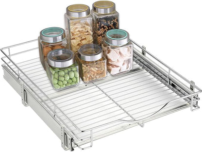 DINDON Pull Out Cabinet Organizer, (14" W x 21" D) Heavy-Duty Metal Sliding Drawer Shelf, Bathroom Under Sink Kitchen Cabinets Organizer and Storage Slide Out Shelves, Chrome, 1 Tier, 2 Pack