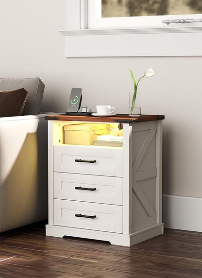 Suuiwau Farmhouse Nightstand with 3 Drawers and Open Storage Shelf, Modern Nightstand with Smart Human Sensor LED Light, Wood Bedside Table with Charging Station for Bedroom, Dorm, Office (White)