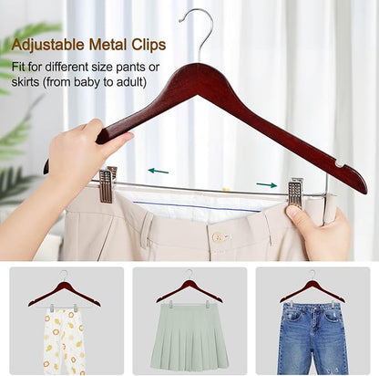 TOPIA HANGER Wooden Suit Hangers with Adjustable Metal Clips (20 Pack), Solid Wood Clothes Hangers, 360° Swivel Hook, Premium Retro Finish Pants Hangers for Clothes Coat, Jeans, Blouse- Cherry CT28M20