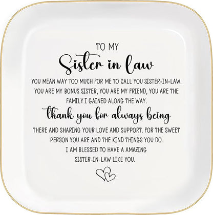 MQPPKJ Sister in Law Gifts from Sister Ceramic Jewelry Tray, Unique Sister in Law Gift Ideas Best Sister in law Jewelry Dish Gift for Birthday Wedding Mother's Day Thanksgiving (To my Sister in law)
