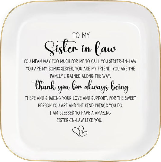 MQPPKJ Sister in Law Gifts from Sister Ceramic Jewelry Tray, Unique Sister in Law Gift Ideas Best Sister in law Jewelry Dish Gift for Birthday Wedding Mother's Day Thanksgiving (To my Sister in law)