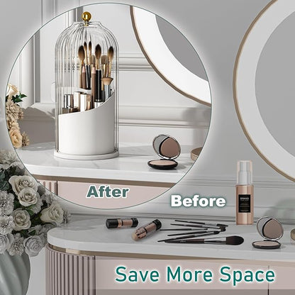 GAXmi Makeup Brush Holder with Lid Cosmetic Tools Organizer 360 Rotating Waterproof Dustproof Beauty Brushes Storage for Vanity, Transparent