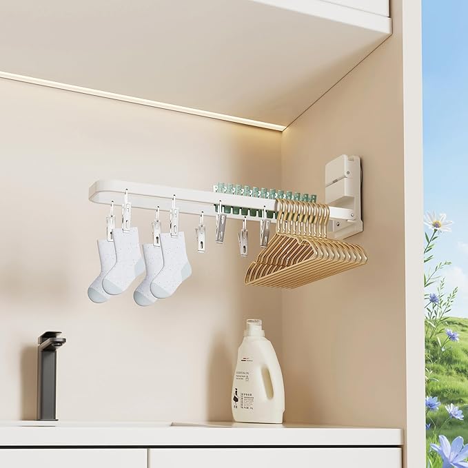 2 Pack Wall Mounted Suction Cup Clothes Drying Rack with 20 Clips, Portable & Collapsible Sock Hanger for Drying Socks, Bras, Underwear, Baby Clothes,Towels