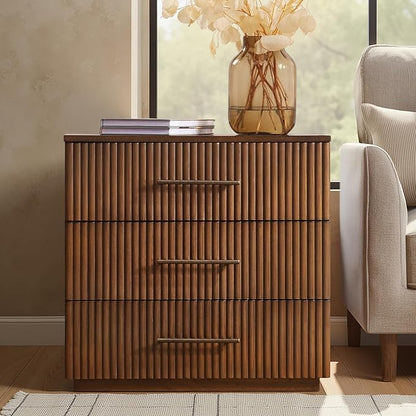 HULALA HOME 26" Fluted Nightstand with 3 Drawers, Modern Solid Wood Night Stand with Charging Station, Bed Side Table with Large Storage, End Table Tall Nightstand, Easy Assembly, Walnut