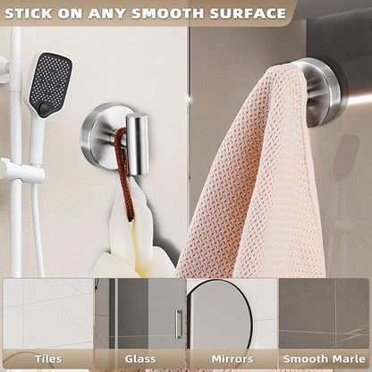Fenas Suction Cup Hooks for Shower - Bathroom Reusable Hooks for Towels, Robes & Loofah - No-Drill Mounting on Kitchen,Walls,Metal,Glass,Mirrors,Tile & Smooth Non-Porous Surfaces (4, Brushed Nickel)