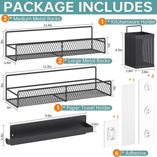 DTUQTX Spice Rack Wall Mounted 6 Pack: 100% Metal & Strong Adhesive Spice Organization for Kitchen Cabinet/Pantry Door, No Drill Hanging Seasoning Organizer with Paper Towel Holder, Utensil Caddy