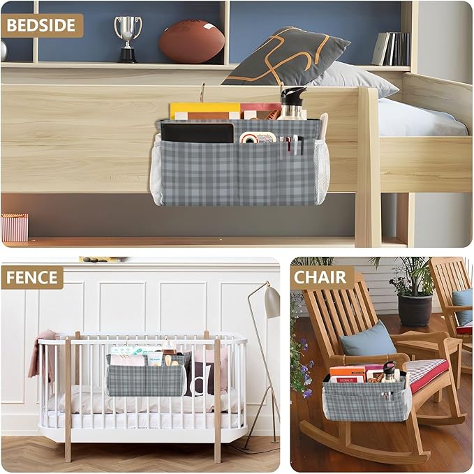 CuwrYet Bedside Caddy Hanging Bunk Bed Caddy Bed Organizer Hanging Pocket with 2 Hooks Bedside Storage Organizer Pocket Bag Holder Grey Plaid