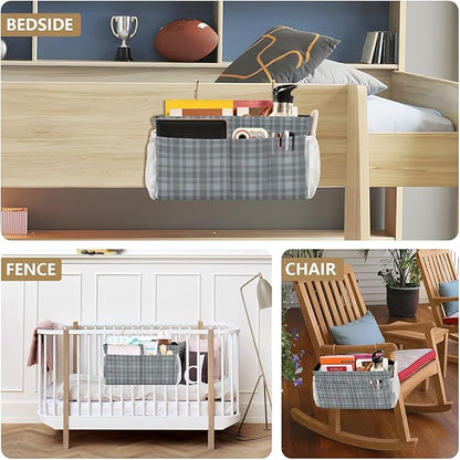 CuwrYet Bedside Caddy Hanging Bunk Bed Caddy Bed Organizer Hanging Pocket with 2 Hooks Bedside Storage Organizer Pocket Bag Holder Grey Plaid