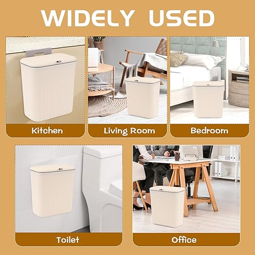 3 Pack Hanging Trash Can with Lid, Kitchen Compost Bin for Counter Top or Under Sink, Plastic Waste Basket Wall Mounted Garbage Can for Cupboard/Bathroom/Bedroom/Office/Camping (Cream)